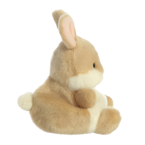 Ein plüschiger Hase in Seitenansicht, mit einem hellbraunen Körper und weißen Akzenten an Bauch und Ohren."
(Note: The text is already in German and does not require translation. It is clear and fluent as it stands.)