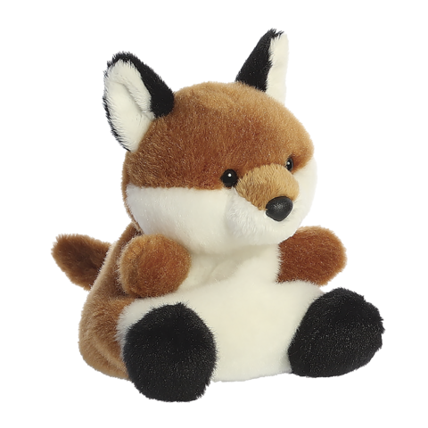 Plüschfuchs mit braunem und weißem Fell, großen Ohren und einem runden Körper, sitzt aufrecht und hat einen freundlichen Ausdruck.