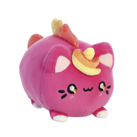 Ein rosa Plüschkatze mit einem bunten Horn und einem Schwanz aus bunten Spitzen, mit großen Augen und einem lächelnden Gesicht.