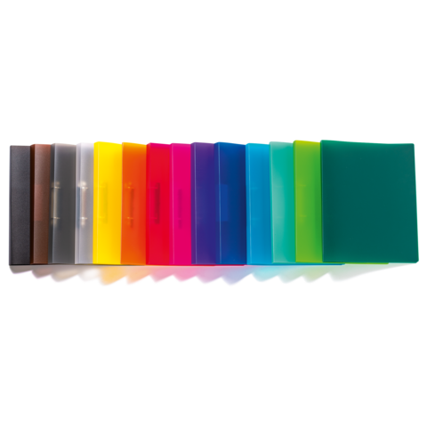 Bunte, transparente Ordner in einer Reihe, angeordnet von schwarz über verschiedene Farben bis grün, zur Aufbewahrung von Dokumenten.