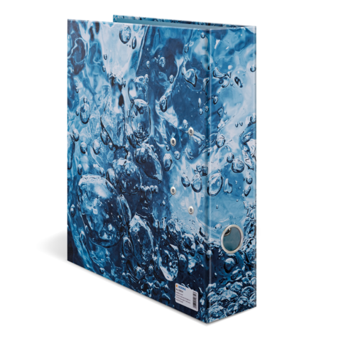 Ein Ordner mit einem blauen Wasserdesign, das Blasen und Wassertropfen zeigt.