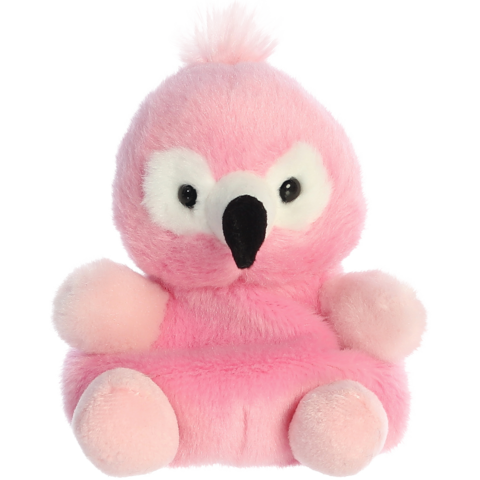 Plüschflamingo in Rosa mit großen Augen und einem kleinen schwarzen Schnabel, sitzt mit runden Füßen und einem flauschigen Kopf.