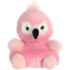 Plüschflamingo in Rosa mit großen Augen und einem kleinen schwarzen Schnabel, sitzt mit runden Füßen und einem flauschigen Kopf.