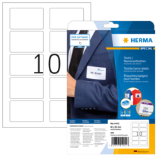Textil- und Namensetiketten von Herma, Packung mit 250 Etiketten, Größe 40 x 60 mm, mit Beispiel für ein Etikett.
