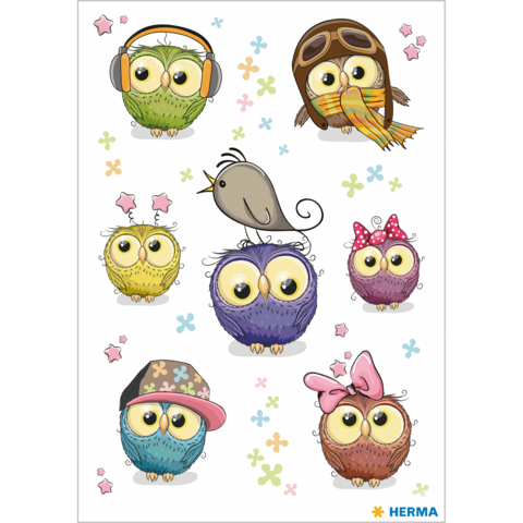 Bunte, cartoonartige Eulen in verschiedenen Outfits und Accessoires, umgeben von kleinen, bunten Sternen und einem Vogel.