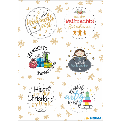 Weihnachtliche Aufkleber mit verschiedenen Motiven, darunter Geschenke, Weihnachtsgrüße und festliche Symbole.