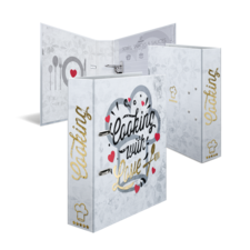 Ein Rezeptordner mit dem Titel "Cooking with Love", verziert mit Herzen und Kochutensilien, in einem eleganten Design.