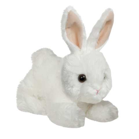 Weißes Plüschkaninchen mit langen Ohren und großen Augen, in einer liegenden Position.