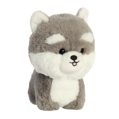 Plüschspielzeug in Form eines niedlichen, grauen Hundes mit weißen Akzenten und einem freundlichen Gesichtsausdruck.