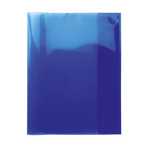Blauer, transparenter Ordner mit einer glatten Oberfläche, geeignet zur Aufbewahrung von Dokumenten.