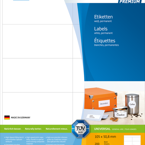 Weiße, permanente Etiketten von Herma, geeignet für allgemeine Anwendungen. Verpackungsdetails und Software-Hinweis sind enthalten.