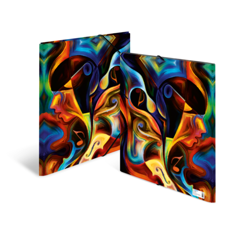 Abstrakte Kunst mit lebendigen Farben, die zwei stilisierte Gesichter und dynamische Formen darstellt.