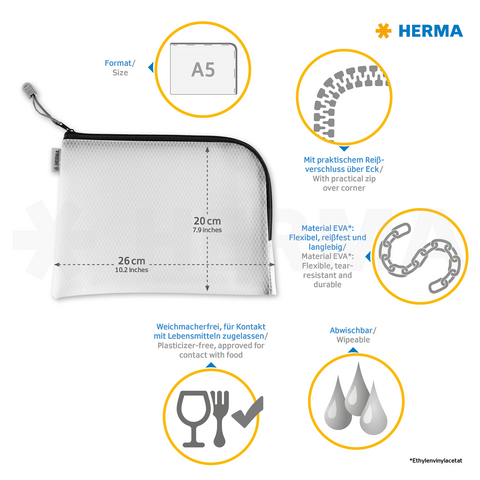 Transparente Tasche in A5-Größe, 20 cm hoch und 26 cm breit, mit Reißverschluss, aus flexiblem, wasserfestem EVA-Material, lebensmittelecht.