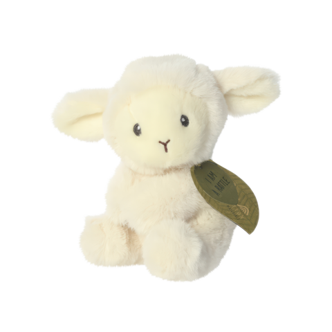 Weiches, plüschiges Schaf mit großen Ohren und einem kleinen Gesicht, das an einem grünen Etikett hängt.