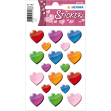 Bunte Herzaufkleber in verschiedenen Farben und Größen auf einem Bogen, beschriftet mit "Love Stickers".