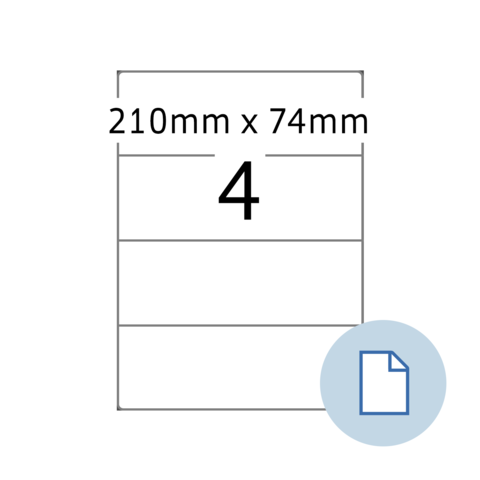Ein Dokument mit den Abmessungen 210 mm x 74 mm, unterteilt in vier Abschnitte. Ein Symbol für ein Dokument ist ebenfalls vorhanden.