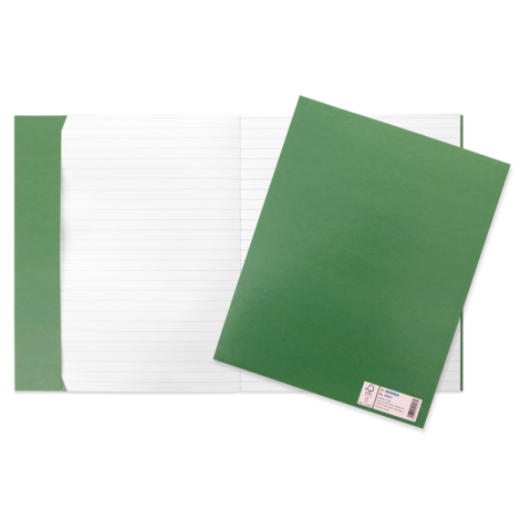 Grüner Ordner und offenes Notizbuch mit linierten Seiten. Der Ordner hat eine Etikette auf der Vorderseite.