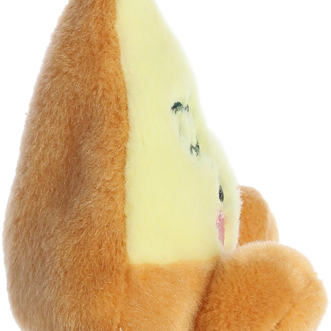 Plüschfigur in Form eines Käsestücks mit braunem Rand und gelber Mitte, zeigt ein einfaches Gesicht mit Augen und Mund.
