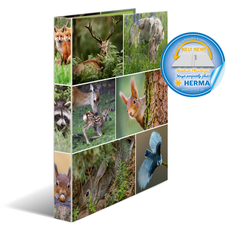Ordner mit verschiedenen Wildtieren, darunter Füchse, Rehe, Eichhörnchen und Vögel, in einer Collage angeordnet.