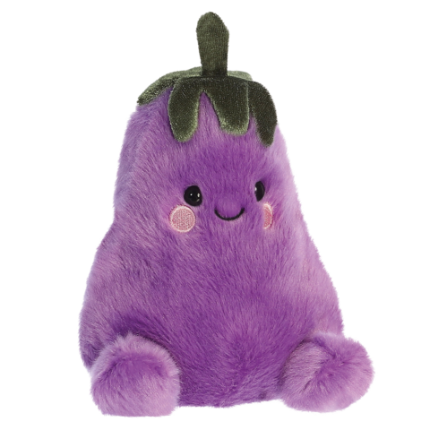 Lila Plüschfigur in Form einer Aubergine mit einem lächelnden Gesicht und grünen Blättern oben."
(Note: The text is already in German and does not require translation. It is clear and fluent as it stands.)
