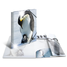 Ein aufgeschlagenes Buch mit Bildern von Pinguinen, darunter ein Pinguin mit seinem Küken auf Schnee.