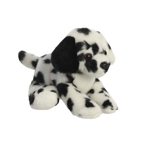 Plüschhund mit schwarz-weißen Flecken, in liegender Position, mit großen Augen und weichem Fell.