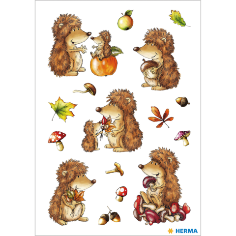 Eine Sammlung von niedlichen Igeln, die mit Blättern, Pilzen und Kürbissen interagieren, umgeben von herbstlichen Elementen.