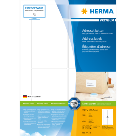 Adressetiketten von HERMA, weiß, permanent, für Pakete und Briefe, mit Maßangaben und Hinweis auf kostenlose Software.