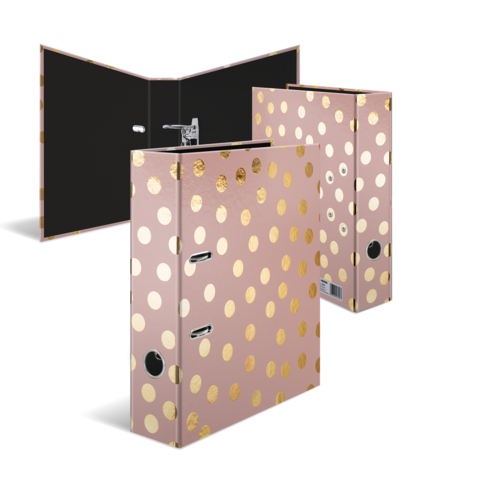 Drei Ordner mit goldenen Punkten auf rosa Hintergrund, einer geöffnet, zwei geschlossen, alle mit Ringmechanismus.