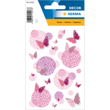 Bunte Aufkleber mit verschiedenen Schmetterlingen und kreisförmigen Mustern in Rosa- und Lilatönen.