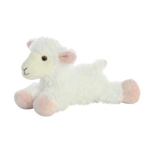 Plüschschaf in Weiß mit rosa Pfoten, liegend und freundlich aussehend. Ideal als Kuscheltier für Kinder.