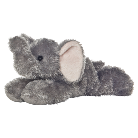 Graues Plüschelefant mit großen Ohren, in seitlicher Position liegend. Weiches Material und freundlicher Gesichtsausdruck.