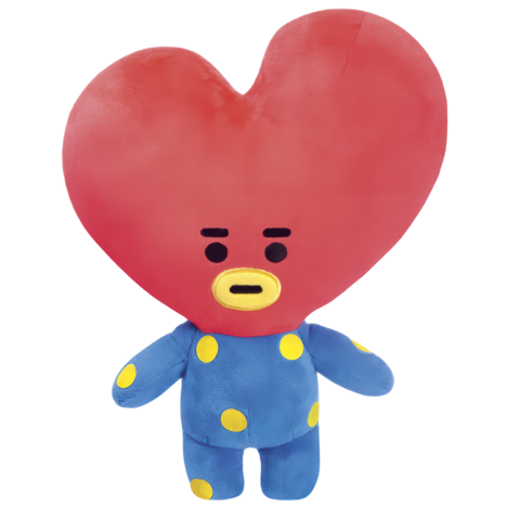 Ein Plüschspielzeug mit einem herzförmigen Kopf in Rot und einem blauen Körper mit gelben Punkten.