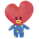 Ein Plüschspielzeug mit einem herzförmigen Kopf in Rot und einem blauen Körper mit gelben Punkten.