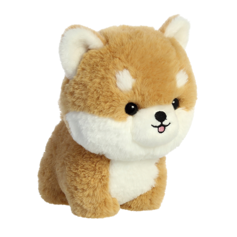 Kuscheliger, plüschiger Hund in Braun und Weiß, mit großen Augen und einem freundlichen Gesichtsausdruck.