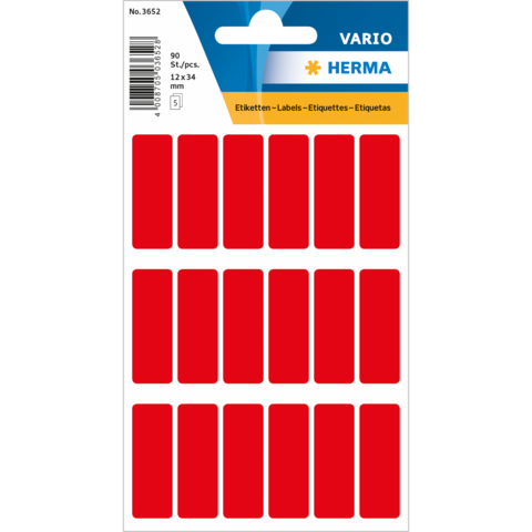 Rote Etiketten auf einem Bogen mit 90 Stück, Größe 12 x 34 mm, von der Marke Herma.