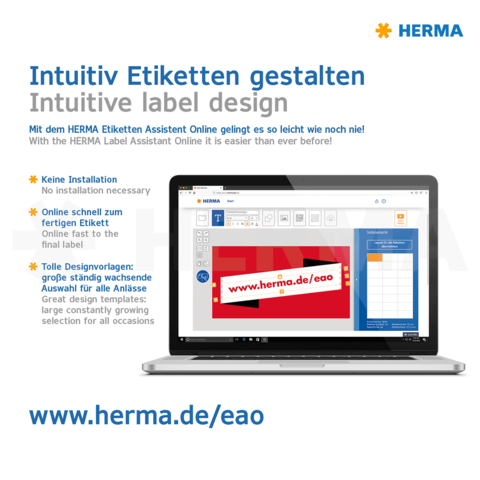Intuitives Design für Etiketten mit dem HERMA Etiketten Assistent Online. Keine Installation erforderlich, schnelle Auswahl und große Vorlagenvielfalt.