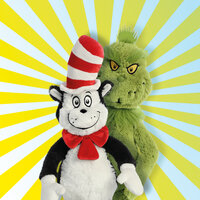 Der Grinch und eine gestreifte Katze mit Hut stehen vor einem leuchtend gelben Hintergrund.