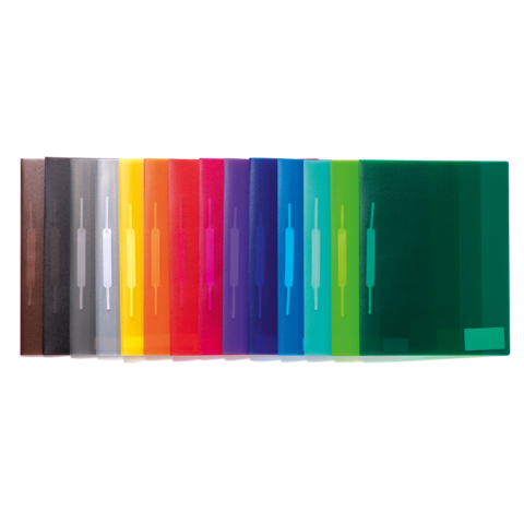 Bunte, transparente Ordner in einer Reihe, angeordnet von dunkelbraun bis grün, mit einem einheitlichen Design und einer Halterung.