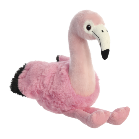 Plüschflamingo in Rosa mit schwarzen Flügelspitzen, sitzt aufrecht mit einem langen Hals und einem charakteristischen Schnabel.