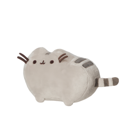 Kuscheltier in Form einer Katze mit einem runden Körper, kleinen Ohren und einem gestreiften Schwanz.