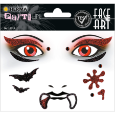 Schminkset mit glitzernden Augenaufsätzen, Fledermäusen und dekorativen Elementen für Gesichtsbemalung, ideal für Partys oder Halloween.