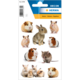 Aufkleber mit verschiedenen kleinen Tieren, darunter Meerschweinchen, Hamster und ein Kaninchen, auf einem dekorativen Hintergrund.