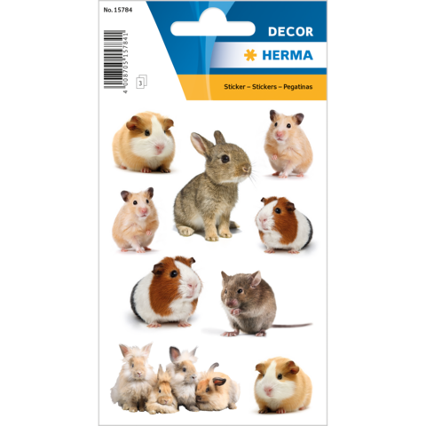Aufkleber mit verschiedenen kleinen Tieren, darunter Meerschweinchen, Hamster und ein Kaninchen, auf einem dekorativen Hintergrund.