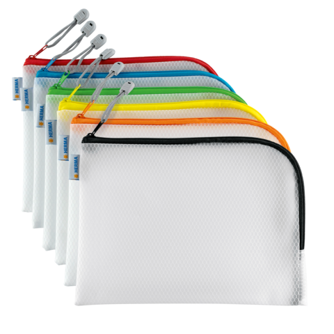 Bunte Reißverschlusstaschen in verschiedenen Farben, angeordnet von links nach rechts, mit einem transparenten Design und einem stabilen Reißverschluss.