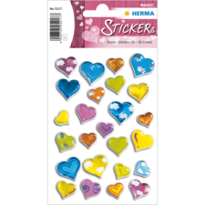 Bunte Herzaufkleber in verschiedenen Farben und Designs, angeordnet auf einem Stickerbogen.