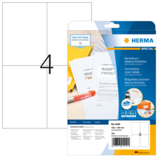 Korrektur- und Abdecketiketten von Herma, Packung mit 100 Etiketten, Größe 105 x 148 mm, inklusive Softwarehinweis.