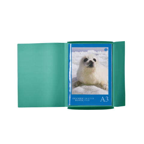 Ein geöffnetes Skizzenbuch in A3-Größe mit einem Bild eines niedlichen Robbenbabys auf dem Cover.