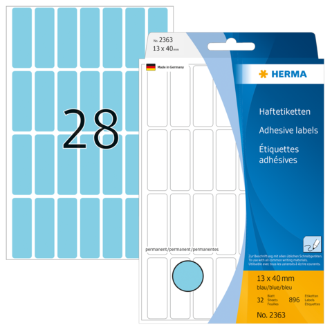 Haftetiketten von Herma in blauer Farbe, 13 x 40 mm, 32 Stück, auf einer Verpackung mit der Nummer 2363.