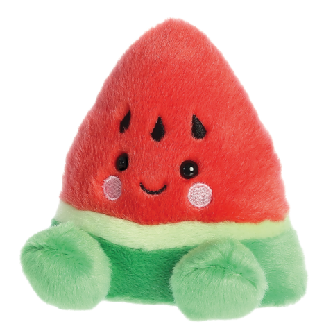 Kuscheliger Wassermelonen-Plüsch in leuchtenden Rot- und Grüntönen, mit einem lächelnden Gesicht und kleinen Ärmchen.